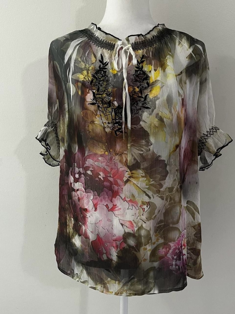 Floral Sheer Peasant Blouse - Multicolor